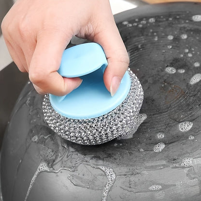 Stainless Steel Sponge Handle Brush, Replaceable Handle, Removable Decontamination Ball, Dishwashing Scrubber Cleaning Tool, Scratch-Free Nano, Household Residue-Free Kitchen Cleaning Tool