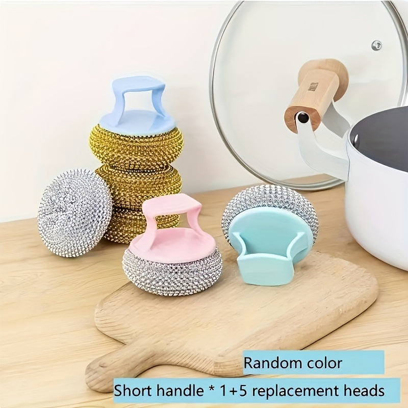 Stainless Steel Sponge Handle Brush, Replaceable Handle, Removable Decontamination Ball, Dishwashing Scrubber Cleaning Tool, Scratch-Free Nano, Household Residue-Free Kitchen Cleaning Tool